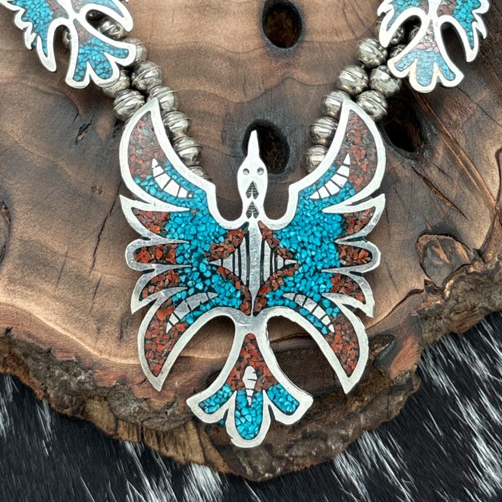1970s NAVAJO Sterling Silver Turquoise & Coral Chip Inlay Peyote Bird Necklace - Picture 2 of 6